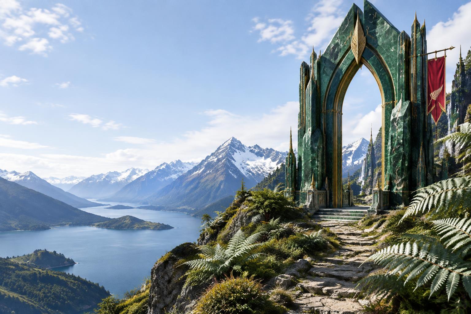 Emerald game portal overlooking a New Zealand alpine landscape